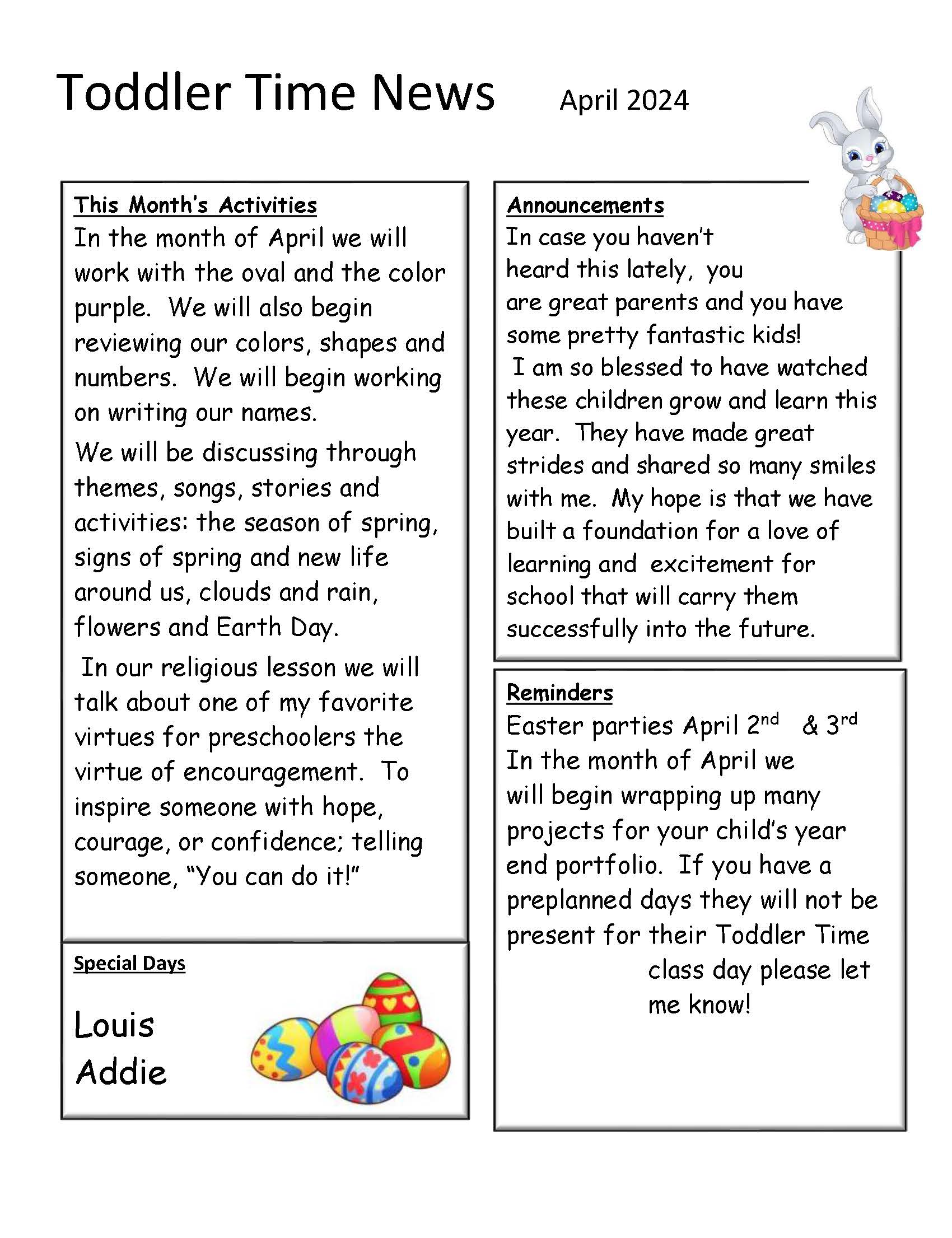 Toddler Time Newsletter April 2024