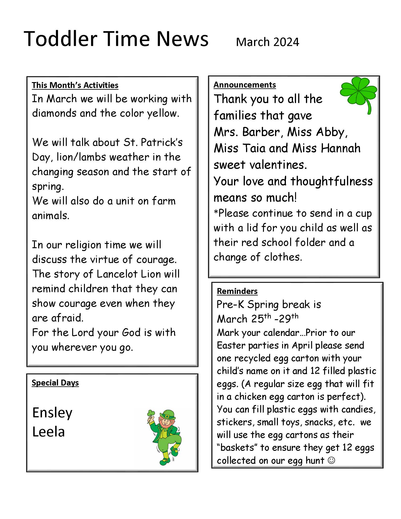 Toddler time Newsletter March 2024